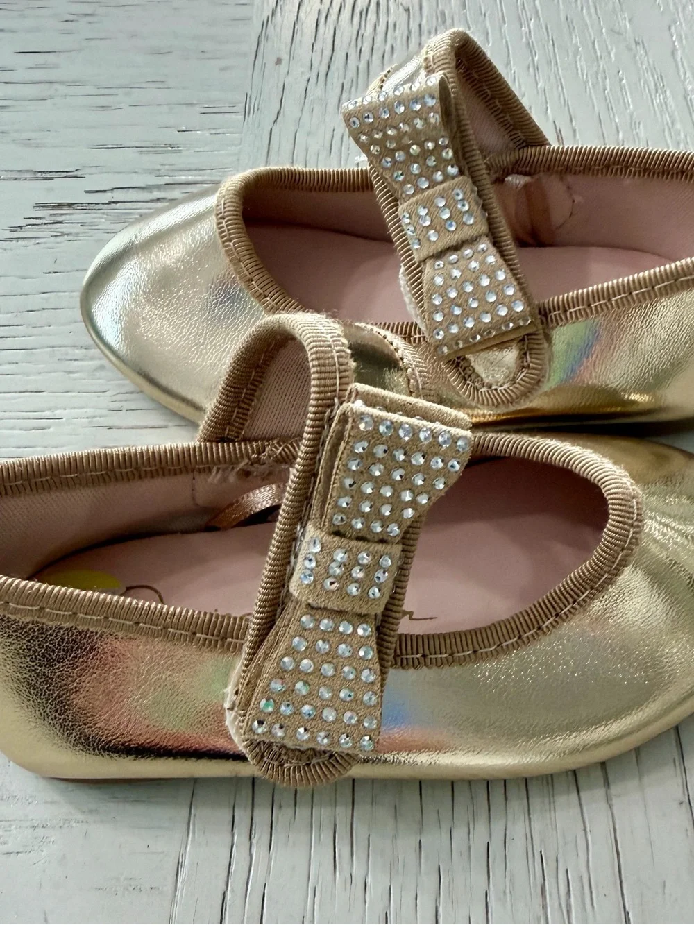 Jessica Simpson Gold Mary Jane Slip-on Faux Patent Dress Shoes Rhinestone Bow 5